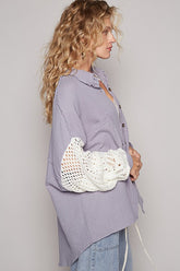 POL Openwork Lantern Sleeve Button Down Gauze Shirt OutfitFlow